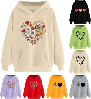 Oversized Sweatshirt for Women Heart Print Hoodie Cute Long Sleeve Sweatshirts Fleece Lined Hoodies with Pocket