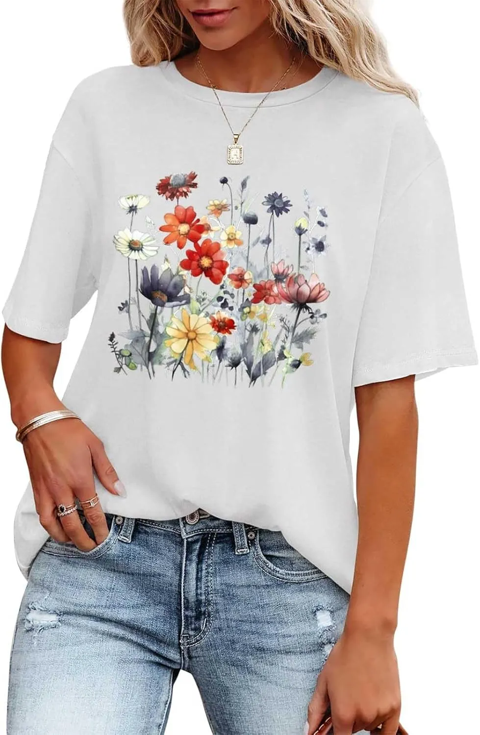 Oversized Tshirts for Women Flower Graphic Tees Short Sleeve Shirts 2025 Summer Casual Loose Fit Beach Tops