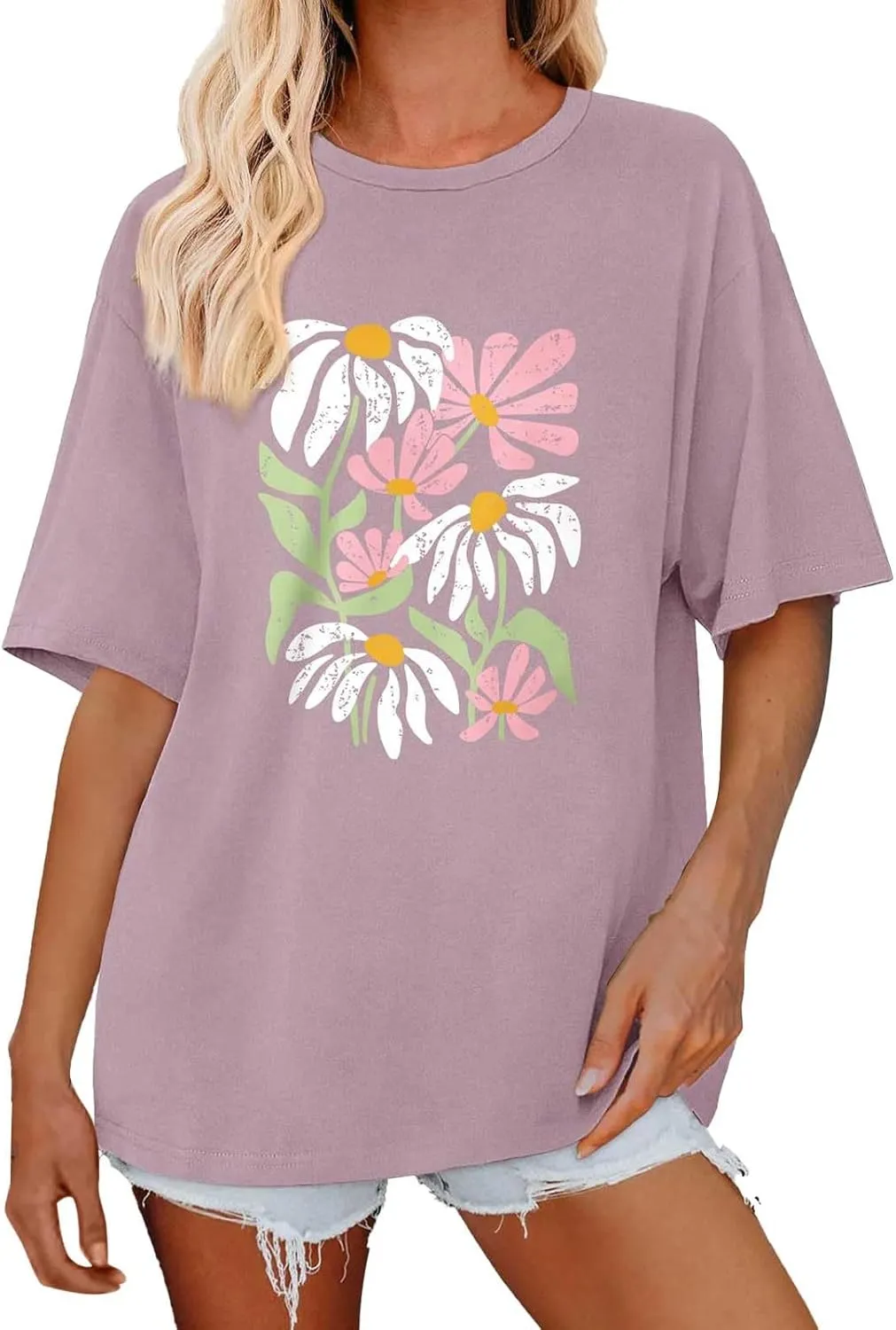Oversized Tshirts for Women Flower Graphic Tees Short Sleeve Shirts 2025 Summer Casual Loose Fit Beach Tops