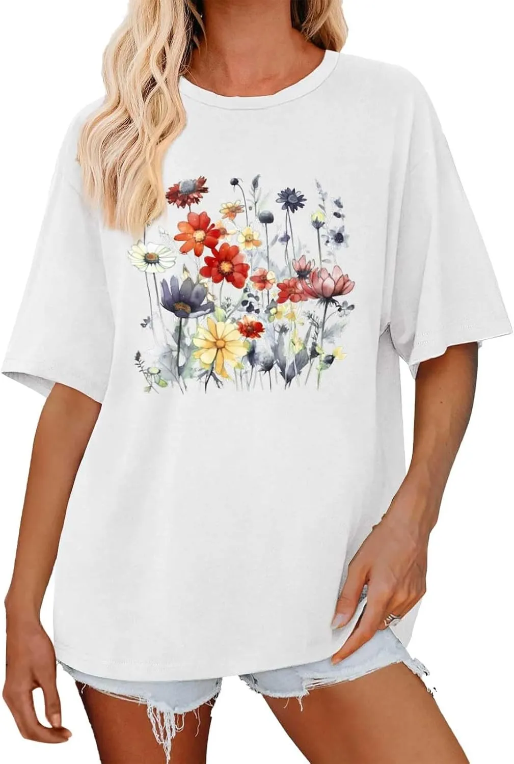 Oversized Tshirts for Women Flower Graphic Tees Short Sleeve Shirts 2025 Summer Casual Loose Fit Beach Tops