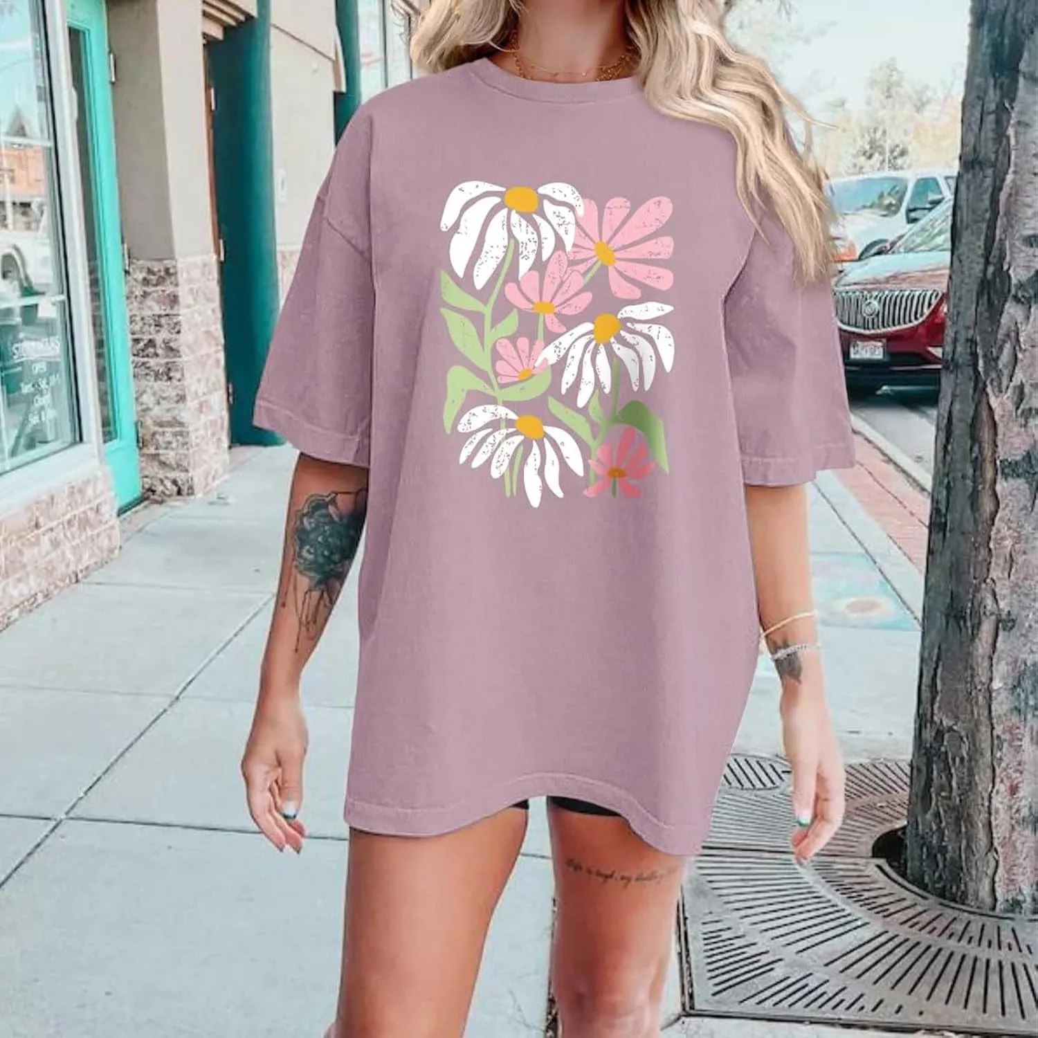 Oversized Tshirts for Women Flower Graphic Tees Short Sleeve Shirts 2025 Summer Casual Loose Fit Beach Tops