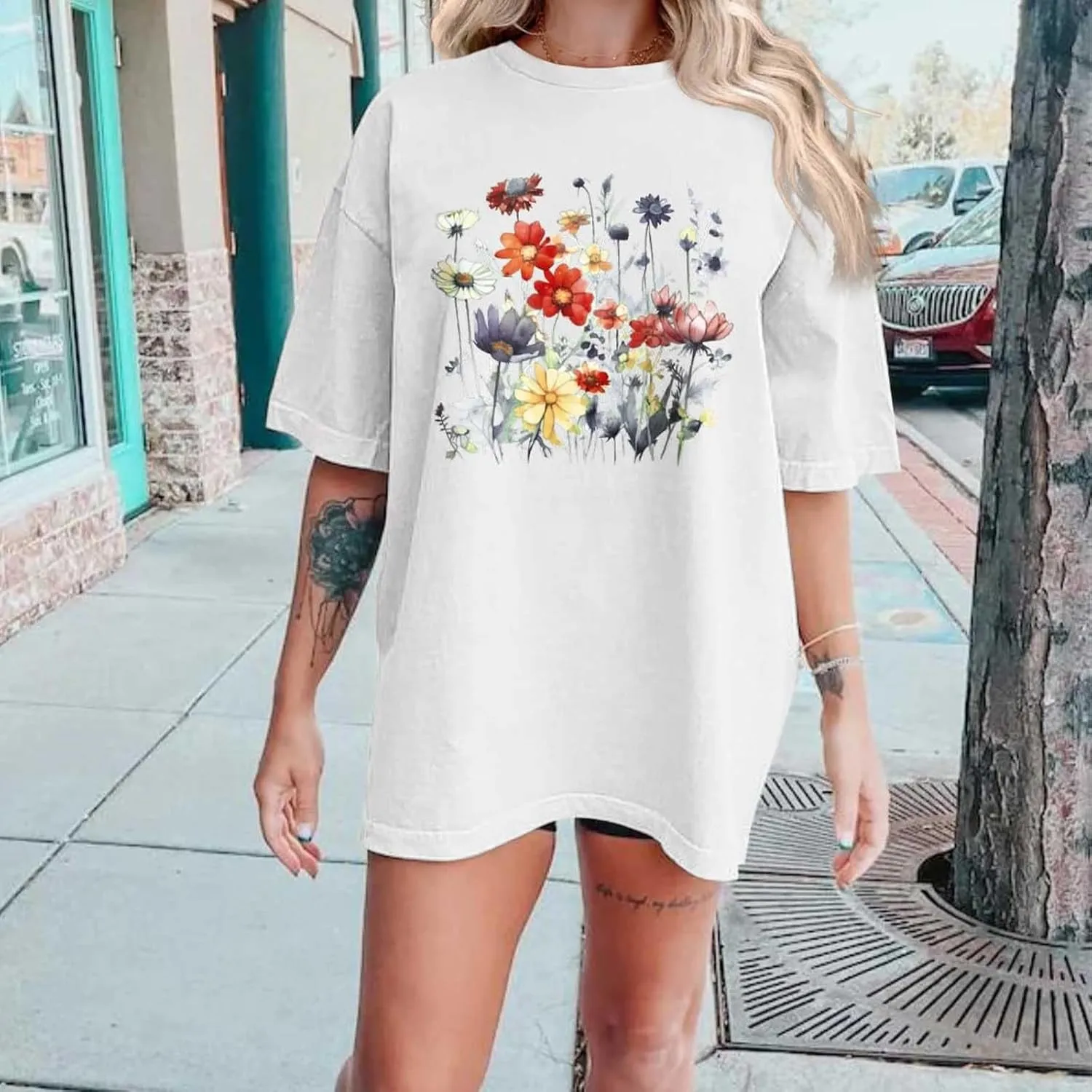 Oversized Tshirts for Women Flower Graphic Tees Short Sleeve Shirts 2025 Summer Casual Loose Fit Beach Tops