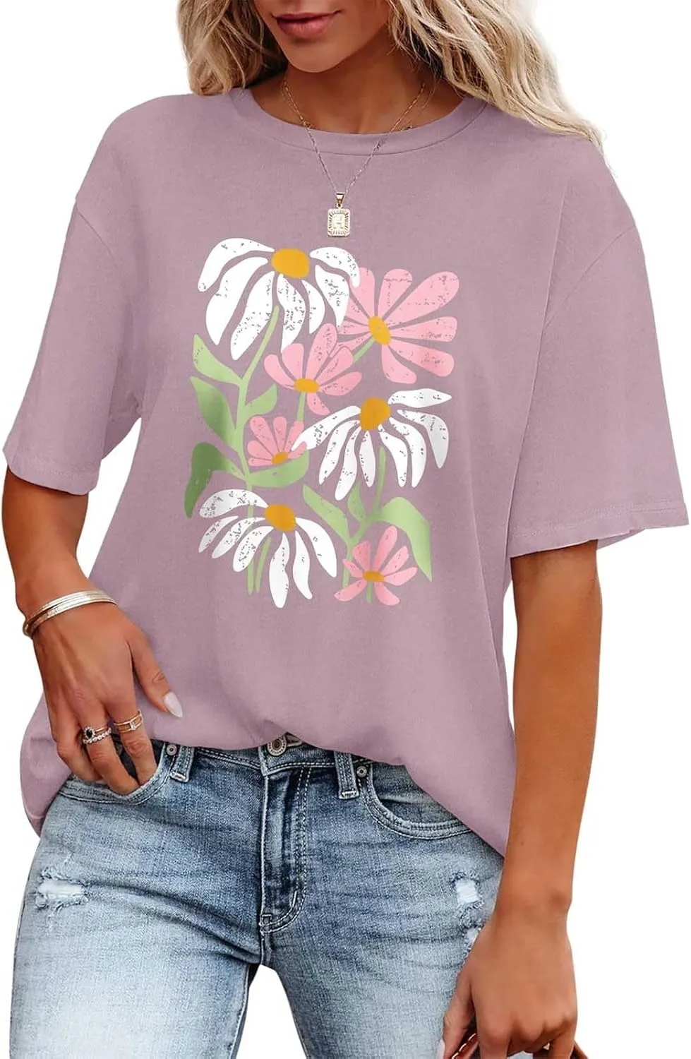 Oversized Tshirts for Women Flower Graphic Tees Short Sleeve Shirts 2025 Summer Casual Loose Fit Beach Tops