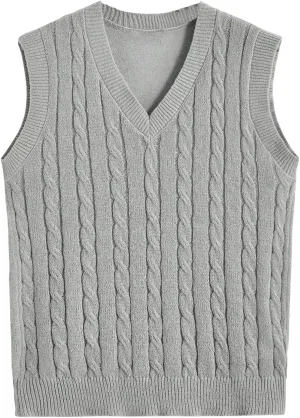 OYOANGLE Men's Cable Knit V Neck Sleeveless Sweater Vests Solid Casual Tank Tops Knitwear