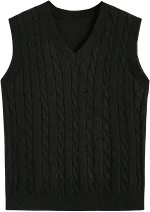 OYOANGLE Men's Cable Knit V Neck Sleeveless Sweater Vests Solid Casual Tank Tops Knitwear