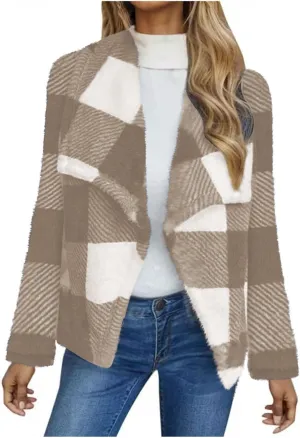 Pea Coats for Women Oversized Fleece Plaid Cardigan Long Sleeve Thermal Winter Jackets Casual Fit Outerwear