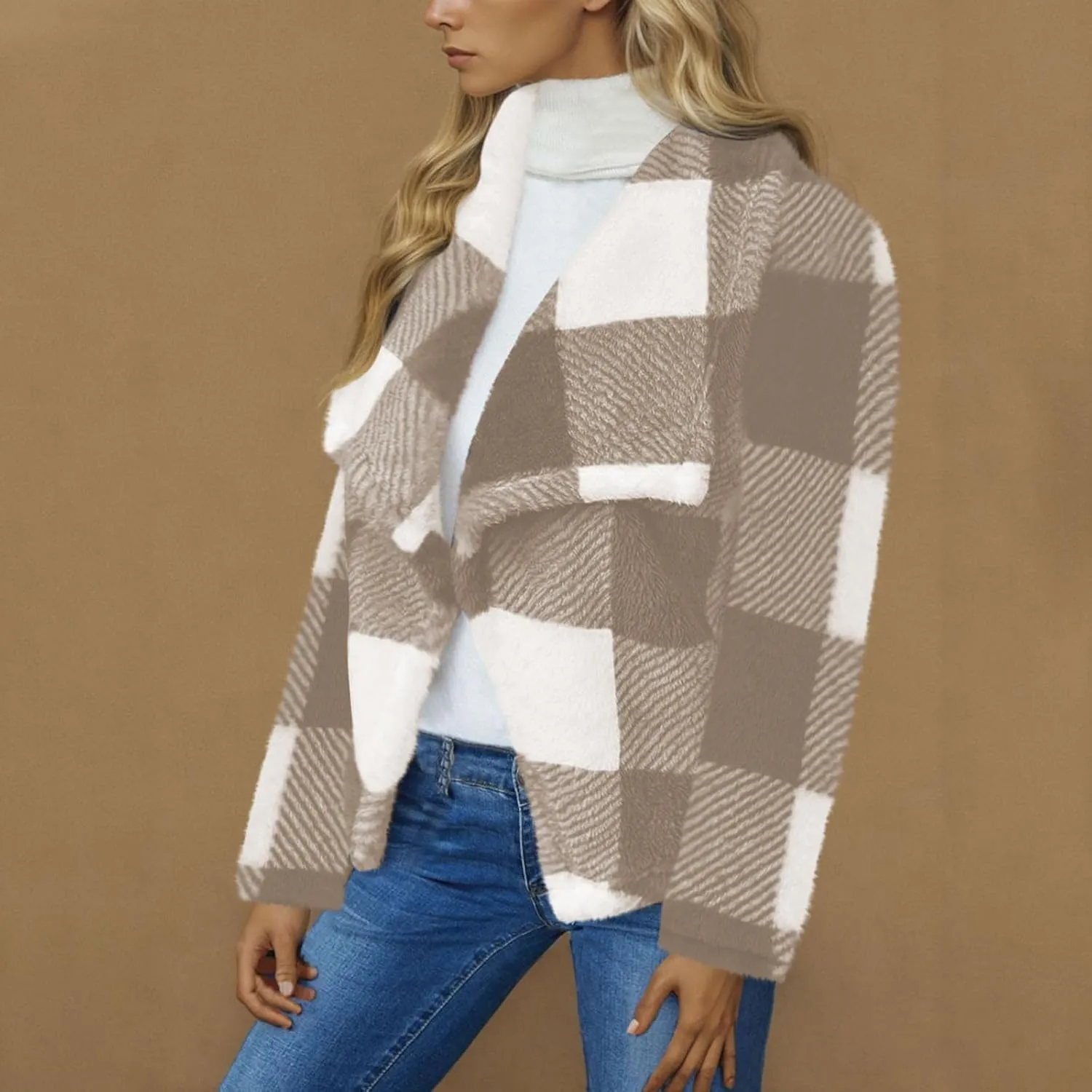 Pea Coats for Women Oversized Fleece Plaid Cardigan Long Sleeve Thermal Winter Jackets Casual Fit Outerwear