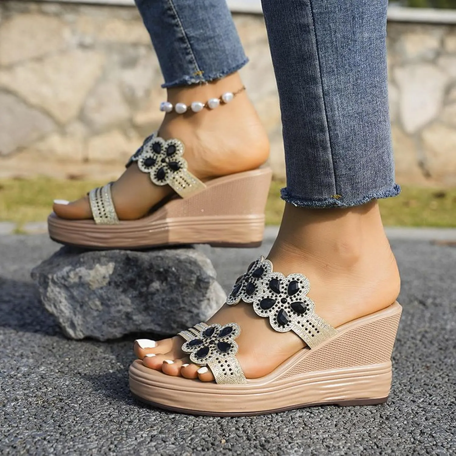 peqiut Women's Sandal Dressy Summer Wedge Orthopedic Sandals for Women Comfortable Outdoor Jeweled Boho Sandals Casual Slides