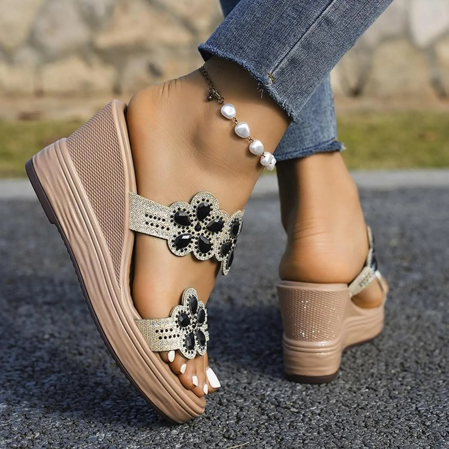 peqiut Women's Sandal Dressy Summer Wedge Orthopedic Sandals for Women Comfortable Outdoor Jeweled Boho Sandals Casual Slides