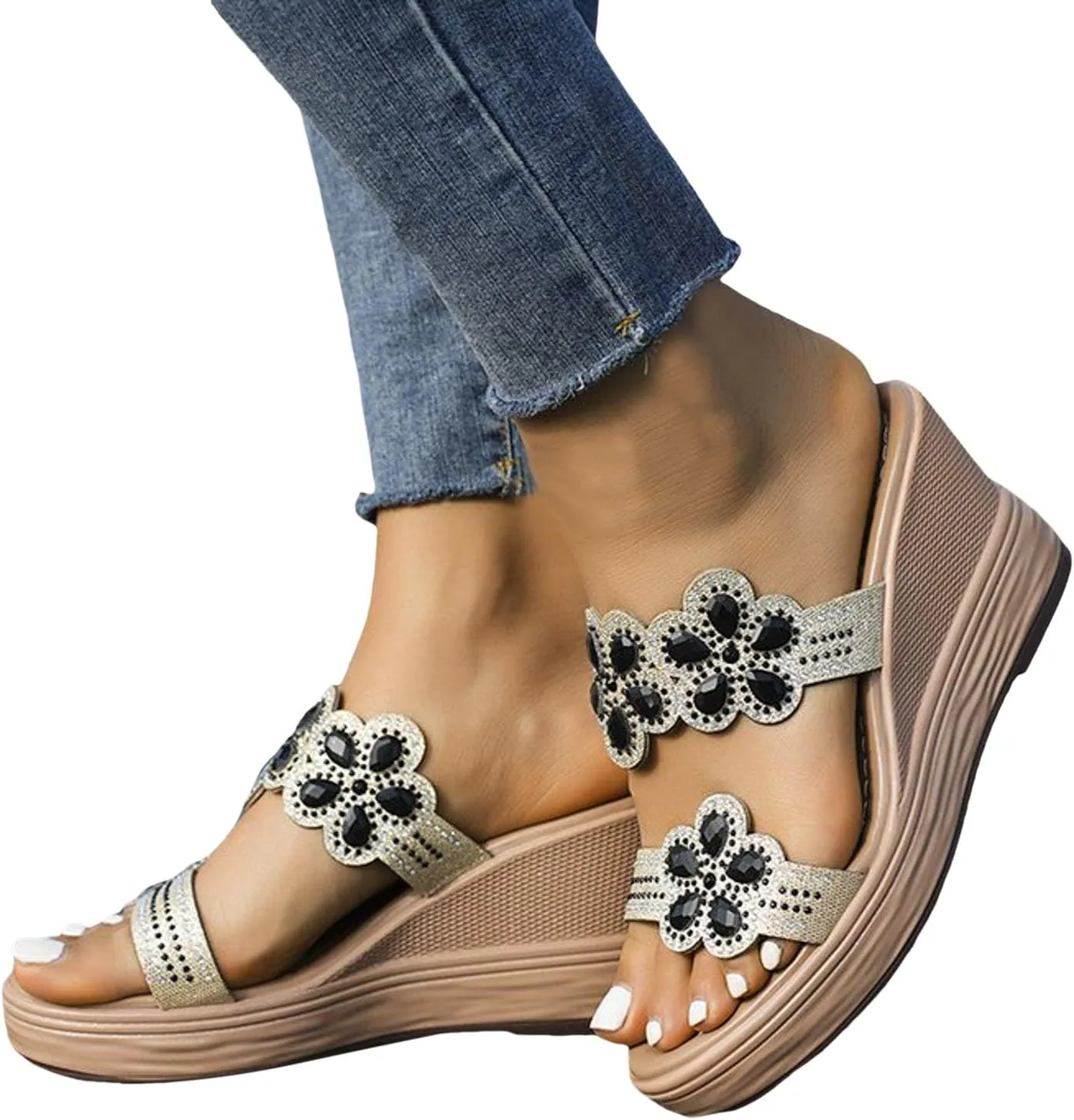 peqiut Women's Sandal Dressy Summer Wedge Orthopedic Sandals for Women Comfortable Outdoor Jeweled Boho Sandals Casual Slides