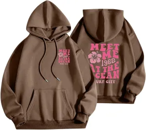 Pink Palm Puff Hoodie for Women Graphic Letter Print Hoodies Oversize Lightweight Pullover Y2k Drawstring Sweatshirt