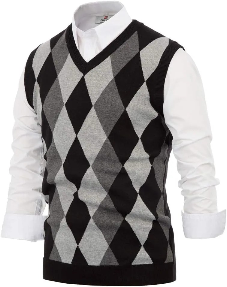 PJ PAUL JONES Mens Casual Argyle Sweater Vest V-Neck Sleeveless Pullover Knitwear Vests