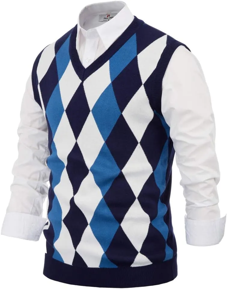 PJ PAUL JONES Mens Casual Argyle Sweater Vest V-Neck Sleeveless Pullover Knitwear Vests
