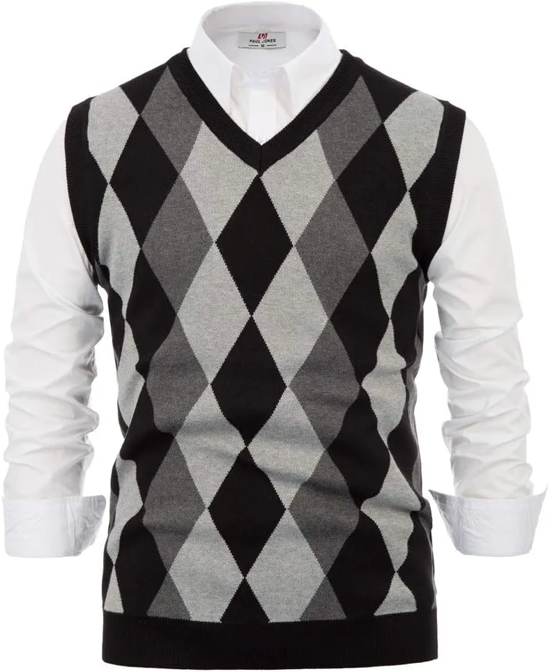 PJ PAUL JONES Mens Casual Argyle Sweater Vest V-Neck Sleeveless Pullover Knitwear Vests