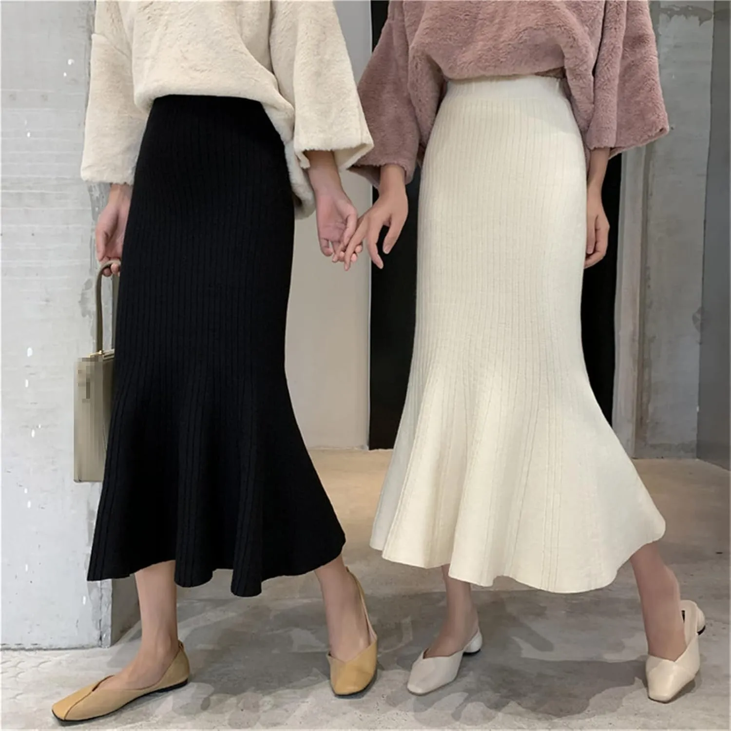 Pleated Mermaid Skirts Autumn High Elastic Waist Long Skirts Vintage Slim Fit Sexy Knitted Midi Skirts