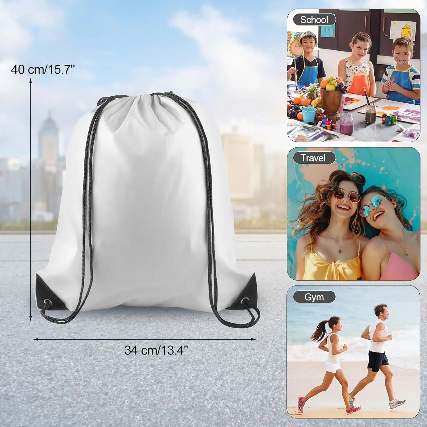 PLULON 6 Pcs White Drawstring Bags Bulk Drawstring Backpack String Backpack Cinch Sack Sport Gym Backpack Bags for Yoga Traveling Outdoor Sports