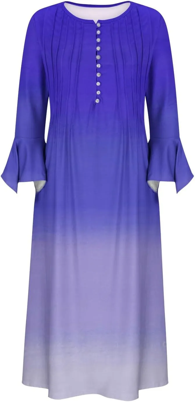 Plus Size Dress for Women 2024 Fashion Long Sleeve Gradient Color Causal Dresses Plus Size Buttons V Neck Fall Dress