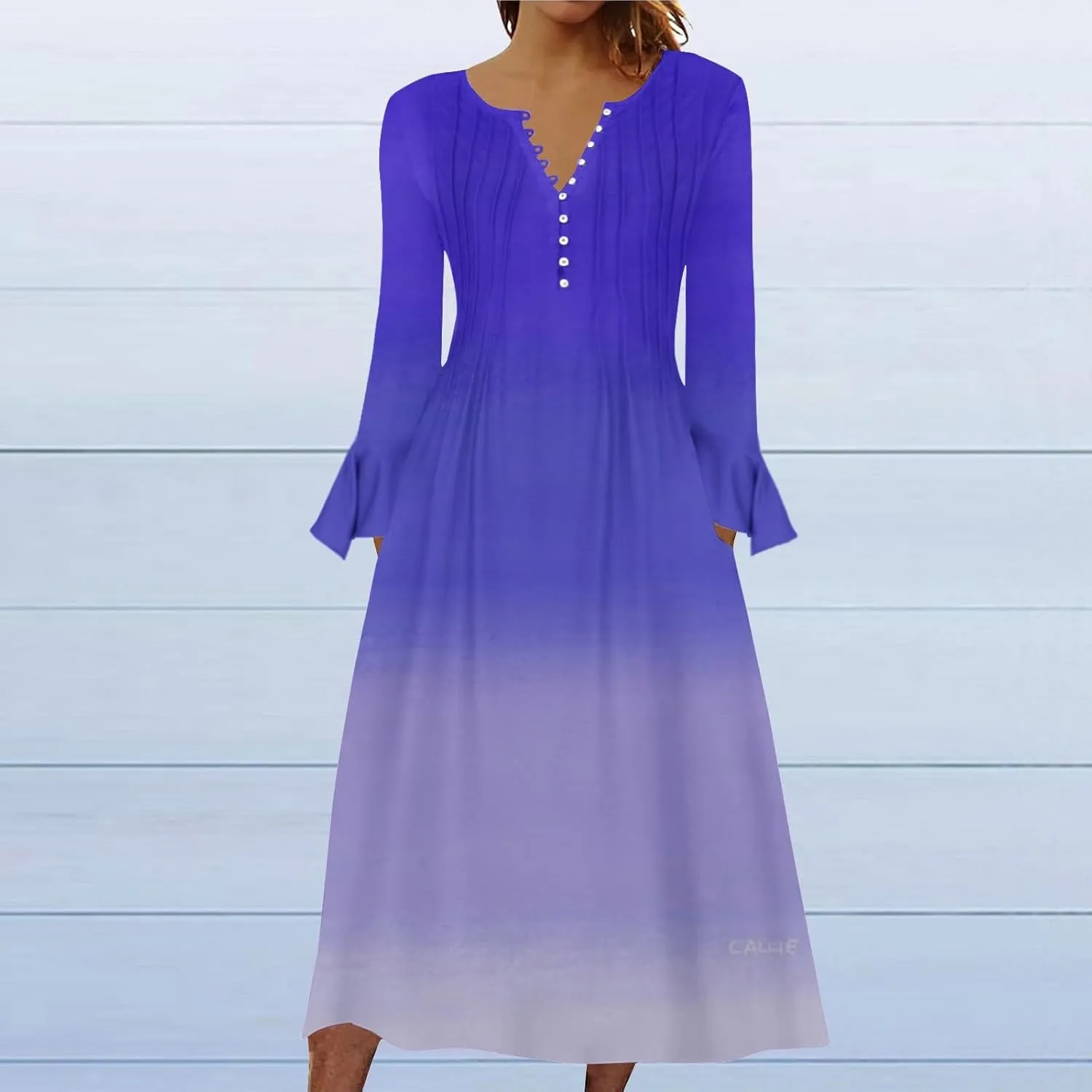 Plus Size Dress for Women 2024 Fashion Long Sleeve Gradient Color Causal Dresses Plus Size Buttons V Neck Fall Dress