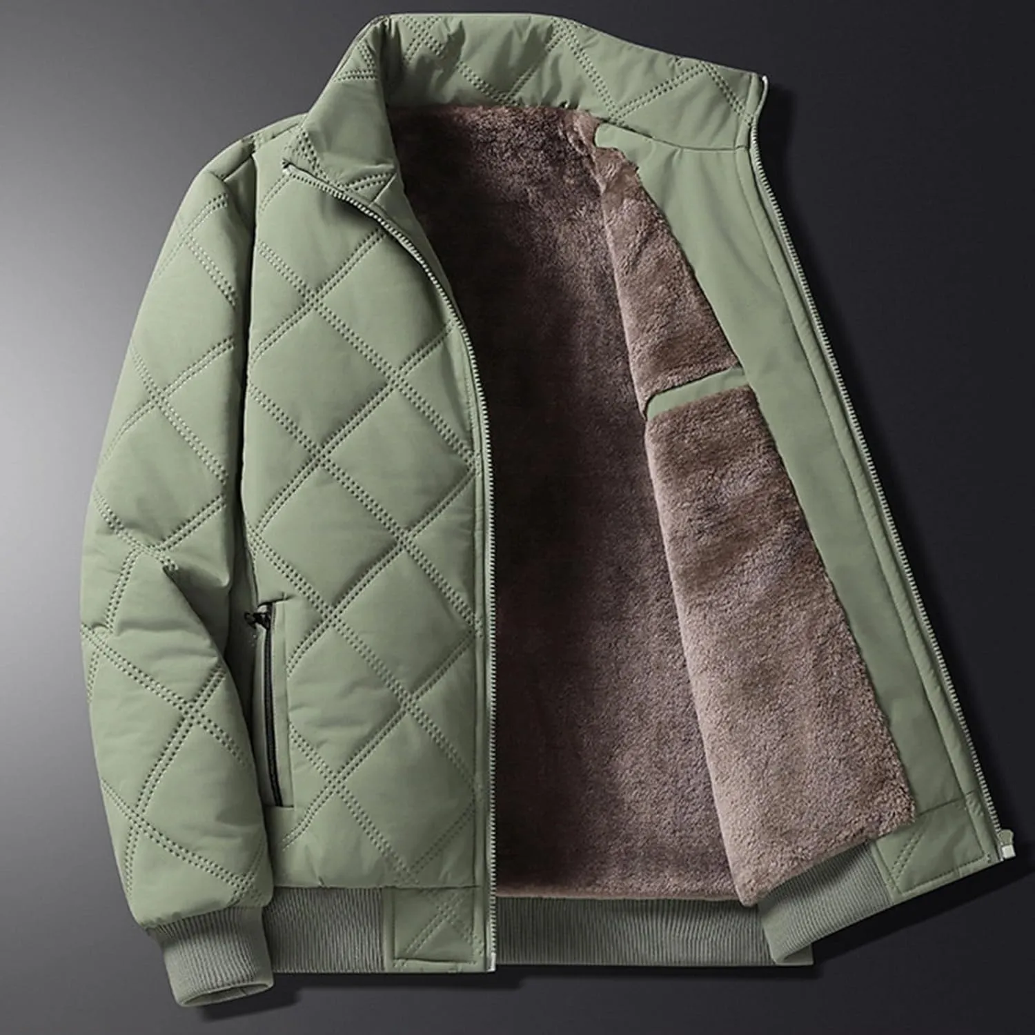 Plus Size Jackets for Men 2024 Trendy Stand Collar Full Zip Coat Casual Solid Plush Thickened Outerwear with Pockets