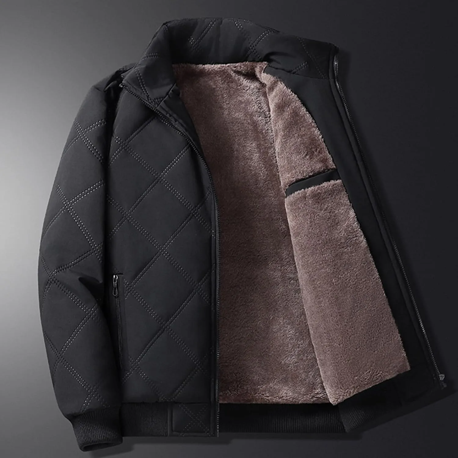 Plus Size Jackets for Men 2024 Trendy Stand Collar Full Zip Coat Casual Solid Plush Thickened Outerwear with Pockets