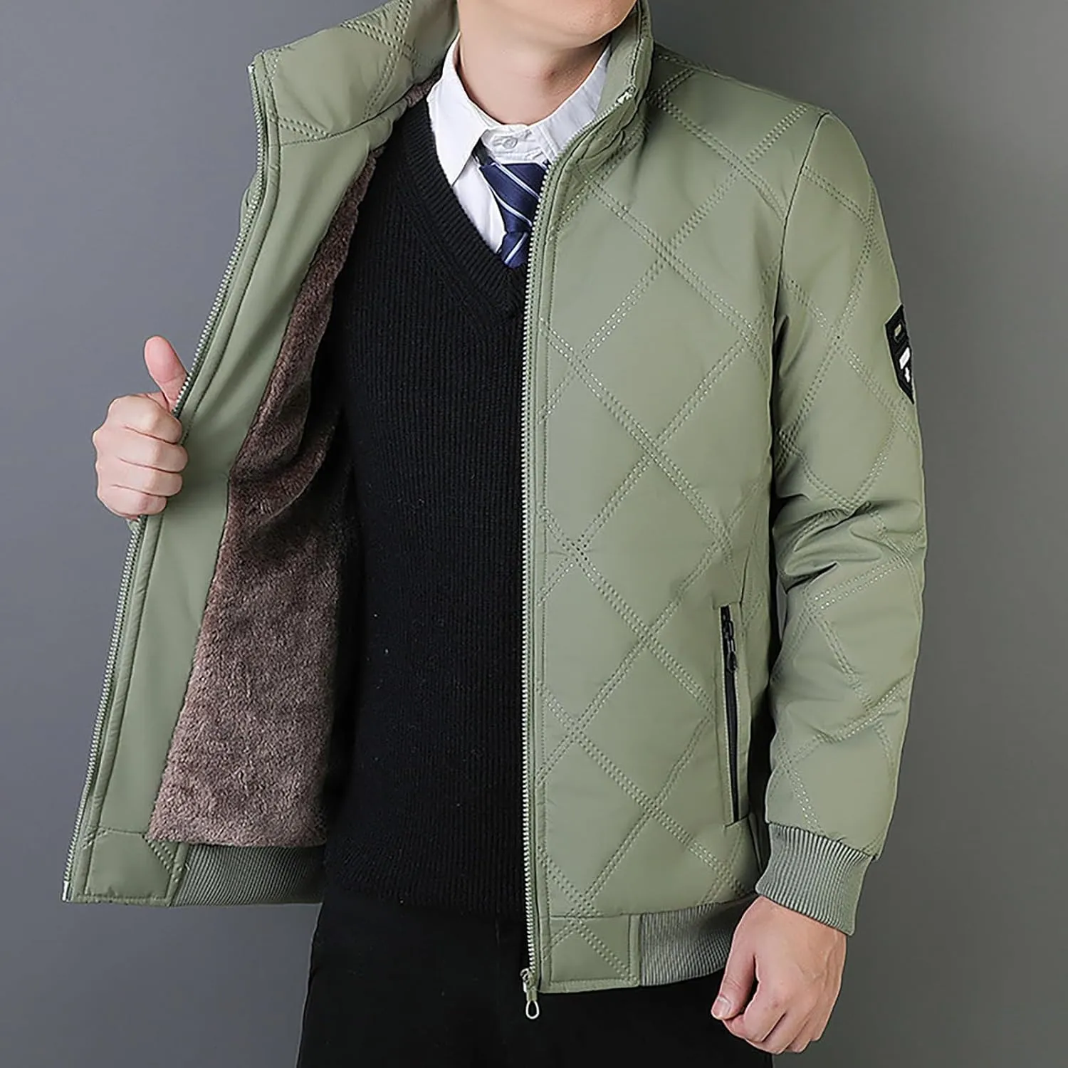 Plus Size Jackets for Men 2024 Trendy Stand Collar Full Zip Coat Casual Solid Plush Thickened Outerwear with Pockets