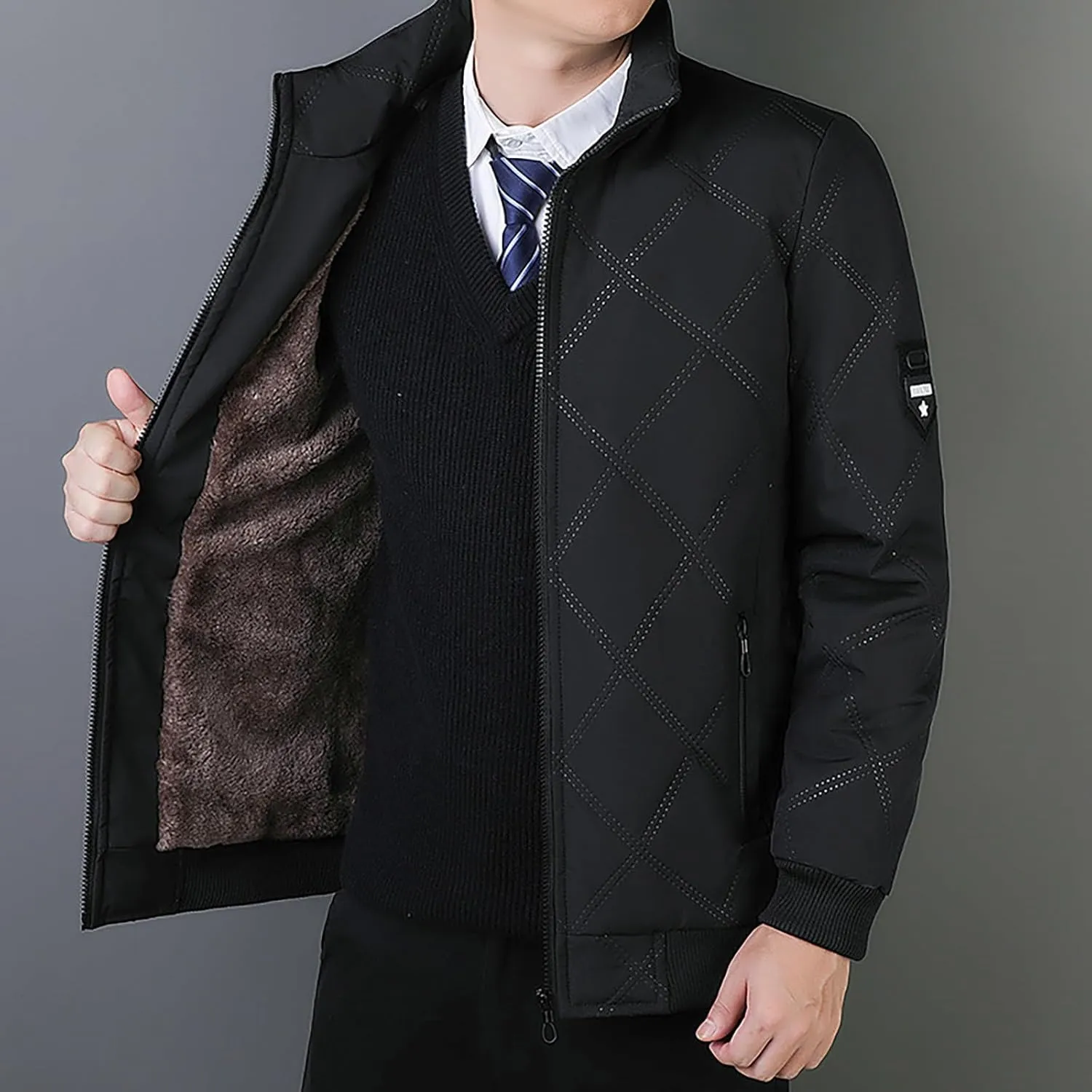 Plus Size Jackets for Men 2024 Trendy Stand Collar Full Zip Coat Casual Solid Plush Thickened Outerwear with Pockets