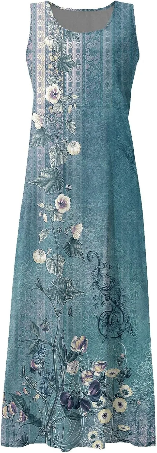 Plus Size Summer Dresses for Women 2025, Sleeveless Casual Cotten Linen Maxi Dress Hawaii Tropical Beach Tank Dress