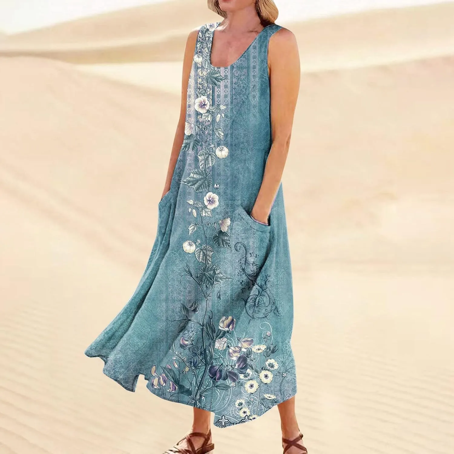 Plus Size Summer Dresses for Women 2025, Sleeveless Casual Cotten Linen Maxi Dress Hawaii Tropical Beach Tank Dress