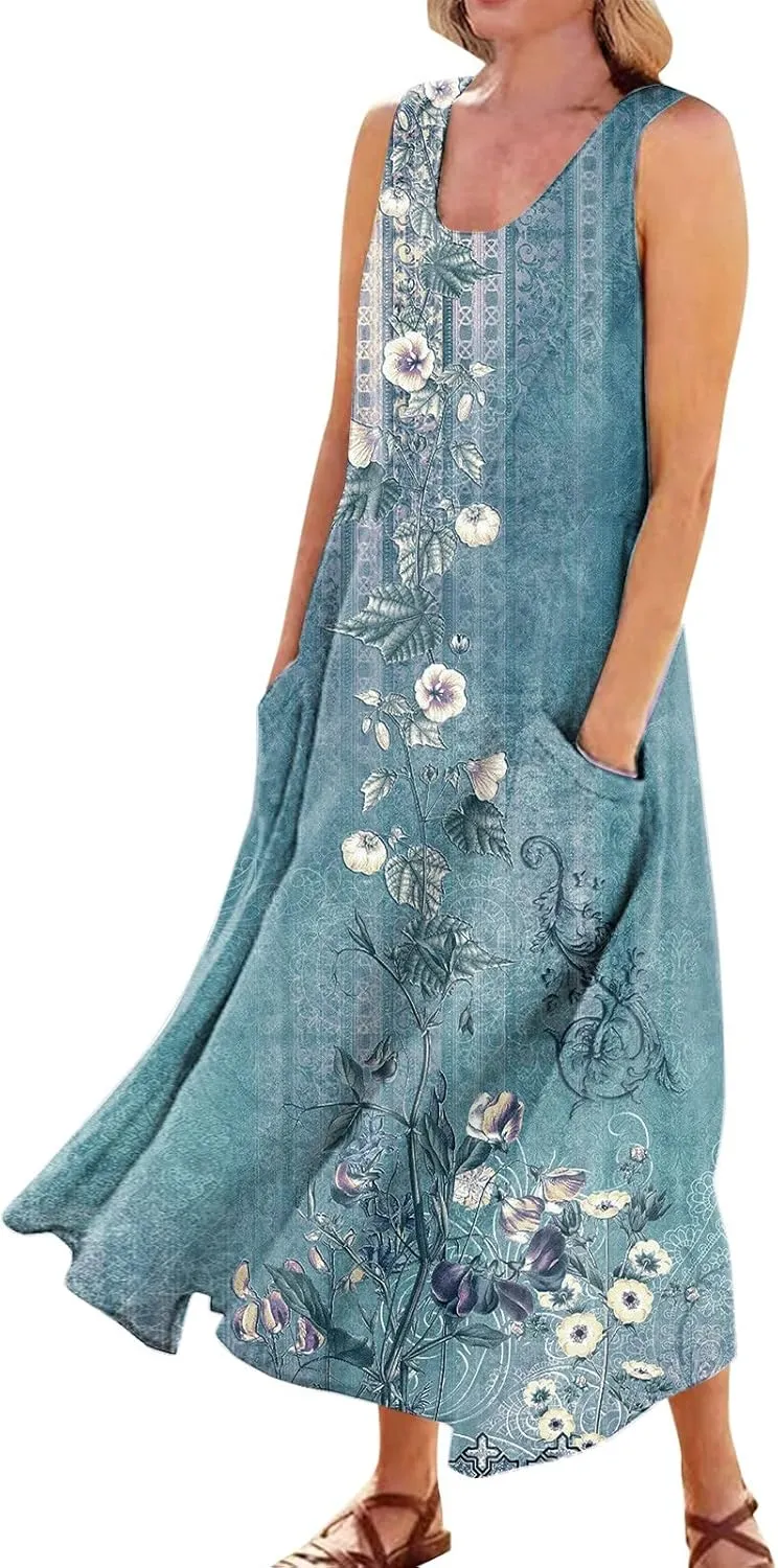Plus Size Summer Dresses for Women 2025, Sleeveless Casual Cotten Linen Maxi Dress Hawaii Tropical Beach Tank Dress