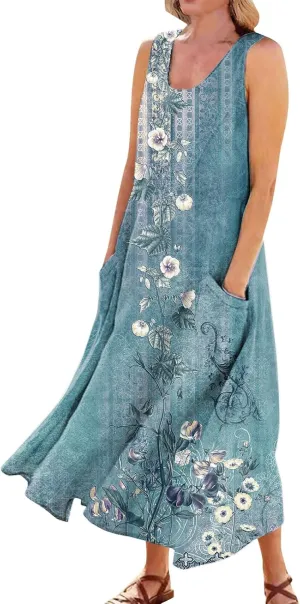 Plus Size Summer Dresses for Women 2025, Sleeveless Casual Cotten Linen Maxi Dress Hawaii Tropical Beach Tank Dress