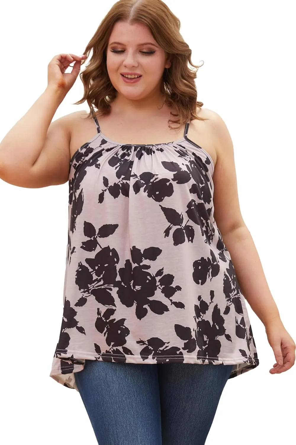 Plus Size Tank Tops for Women Boho Floral Loose Cami Spaghetti Strap Tunic Blouses