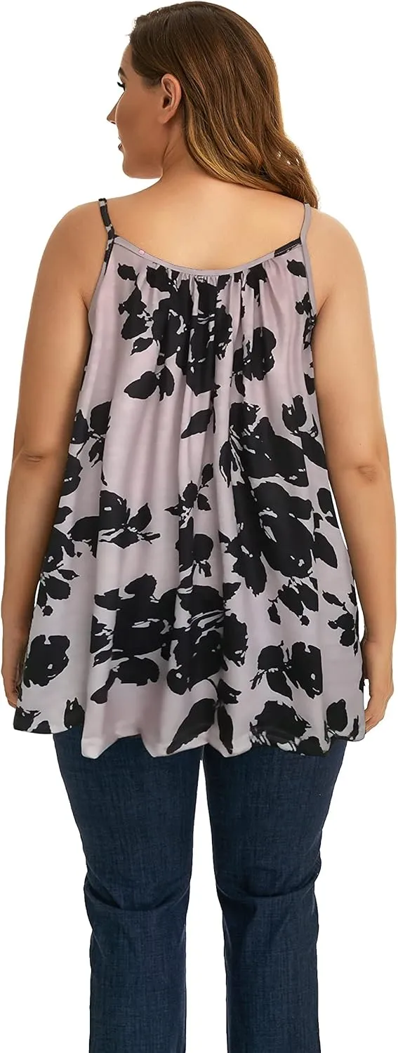 Plus Size Tank Tops for Women Boho Floral Loose Cami Spaghetti Strap Tunic Blouses