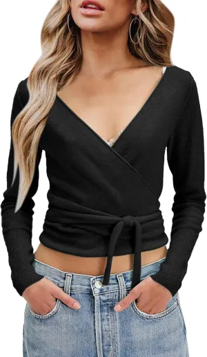 PRETTODAY Women's Wrap Knit Sweater V Neck Tie Front Long Sleeve Casual Pullover Tops