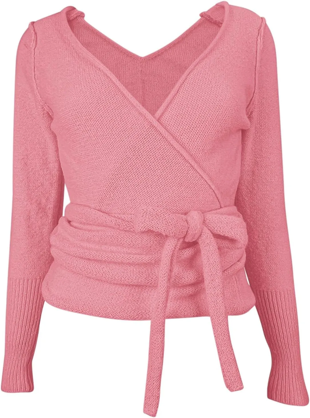 PRETTODAY Women's Wrap Knit Sweater V Neck Tie Front Long Sleeve Casual Pullover Tops