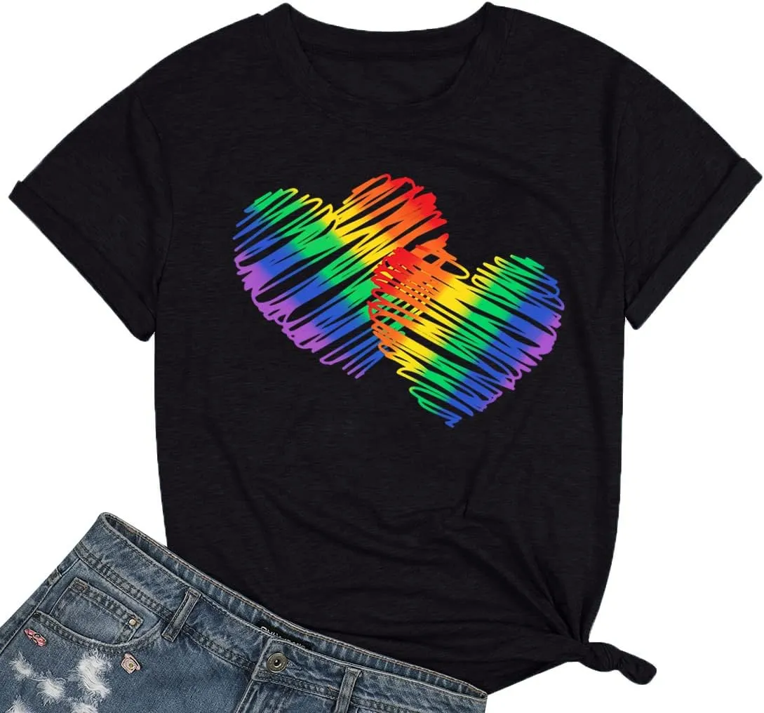 Pride T Shirts Women Rainbows Heart Graphic Tees Shirts LGBT Shirts Casual Short Sleeve Tops