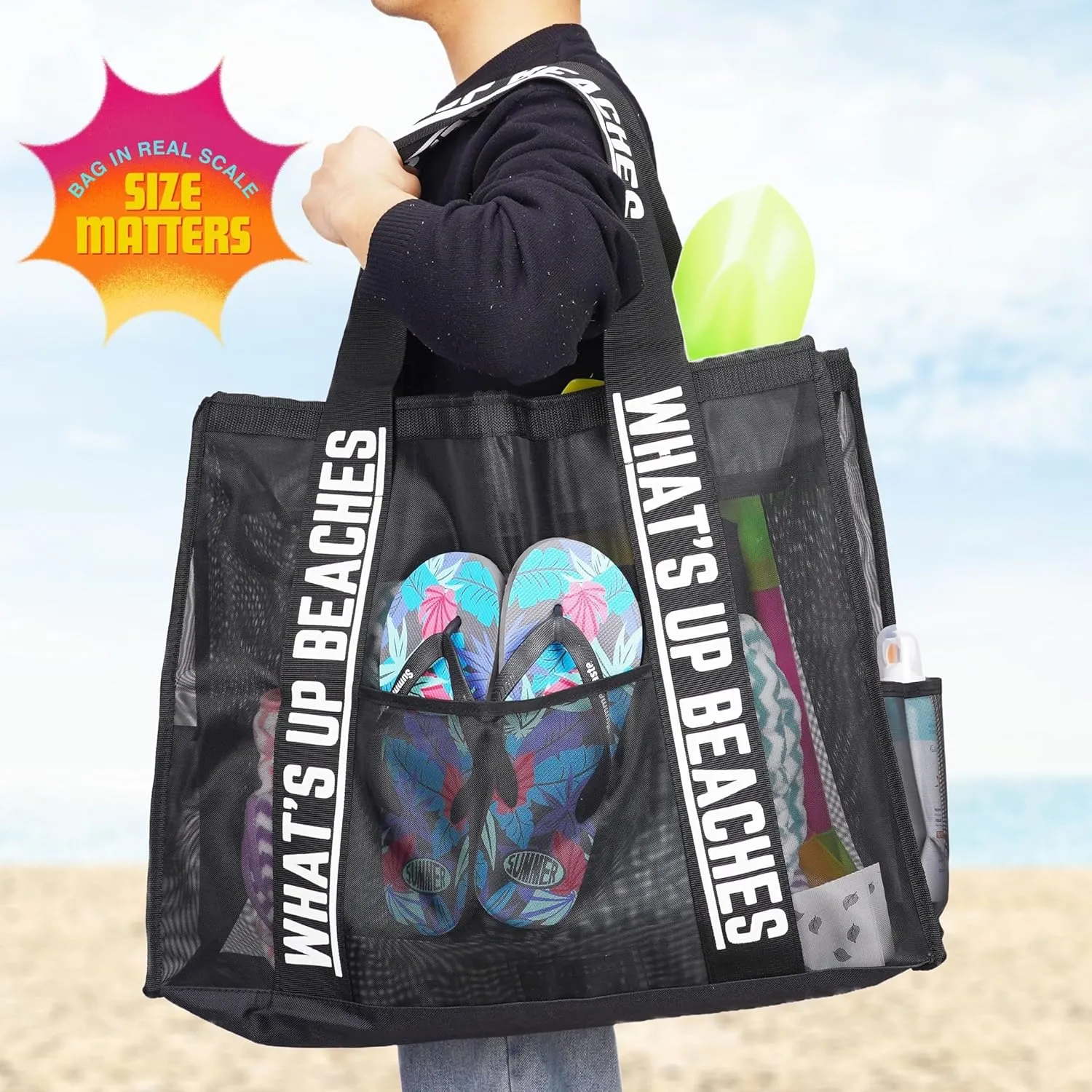 Primo Lines 31L Extra Large Beach Bags 23x17x8 Mesh Beach Bag with Zipper, XL Mesh Tote Bag for Women Family Trip Women