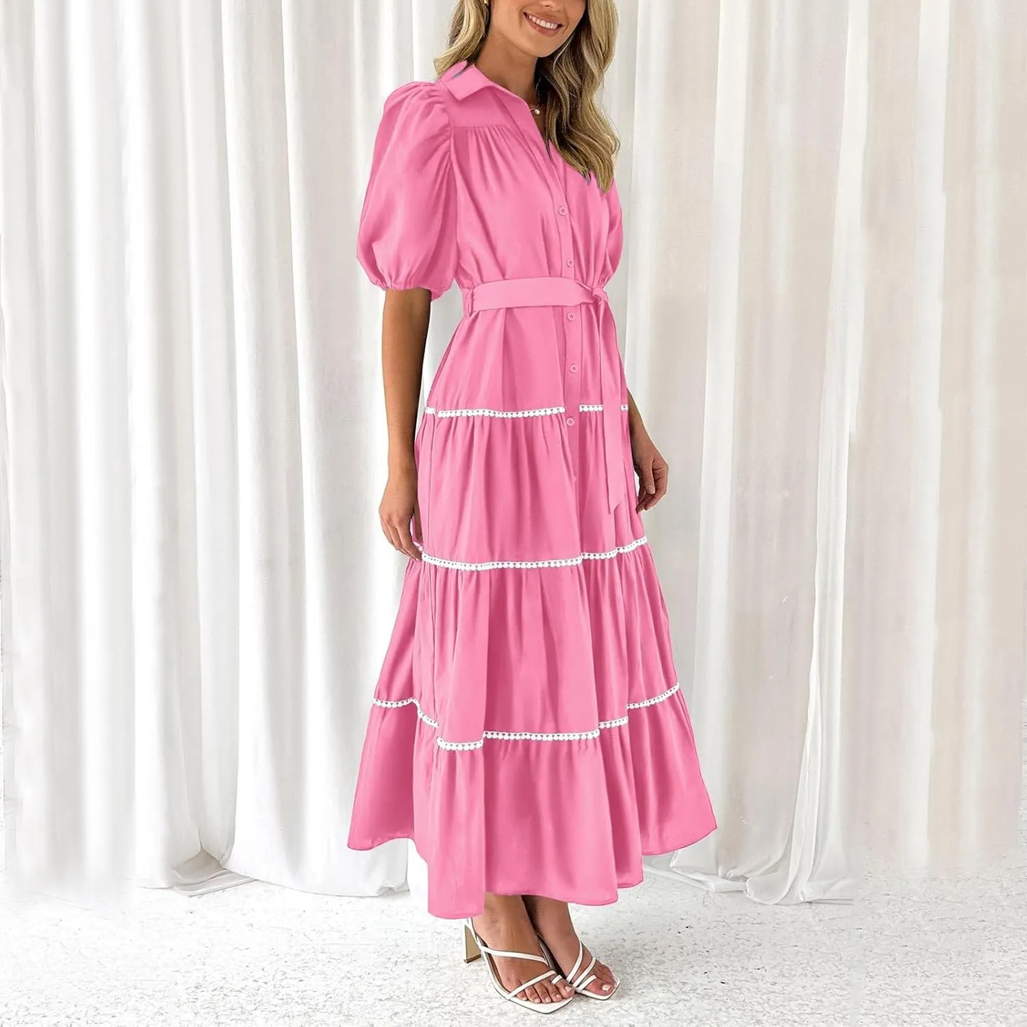 PTOLOCIF Women's Summer Button Up Short Sleeve Layered Pleated Flowing Long Skirt Formal Midi Dress with Sleeves