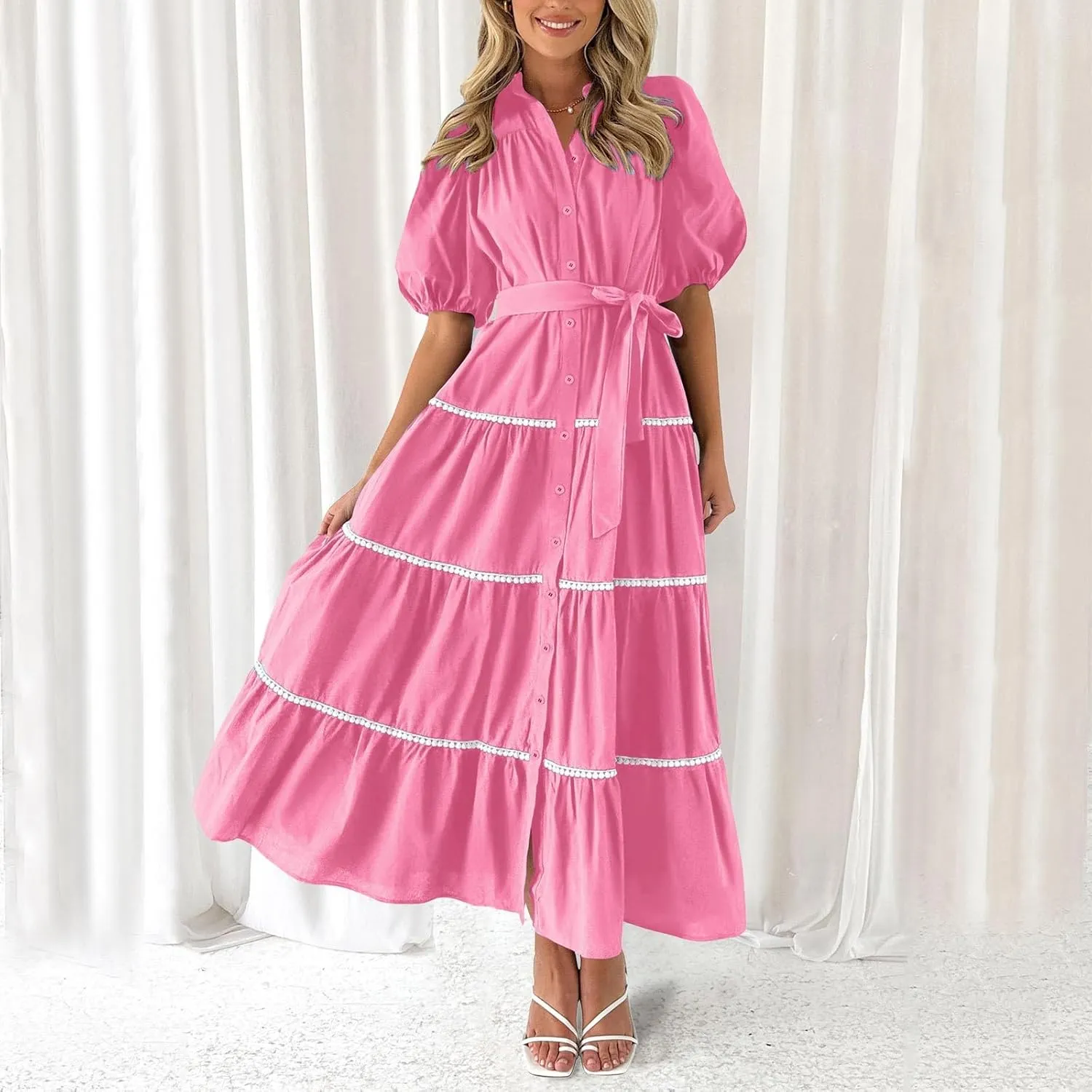PTOLOCIF Women's Summer Button Up Short Sleeve Layered Pleated Flowing Long Skirt Formal Midi Dress with Sleeves