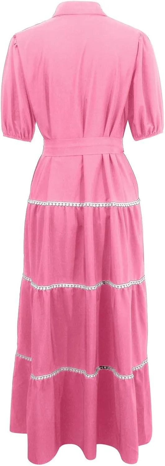 PTOLOCIF Women's Summer Button Up Short Sleeve Layered Pleated Flowing Long Skirt Formal Midi Dress with Sleeves