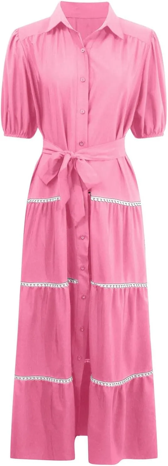 PTOLOCIF Women's Summer Button Up Short Sleeve Layered Pleated Flowing Long Skirt Formal Midi Dress with Sleeves