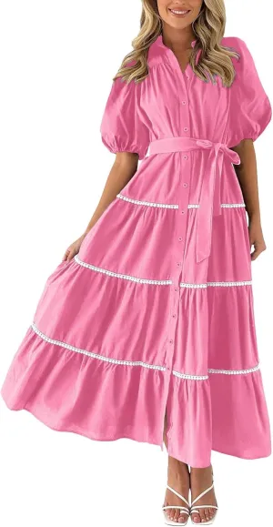 PTOLOCIF Women's Summer Button Up Short Sleeve Layered Pleated Flowing Long Skirt Formal Midi Dress with Sleeves