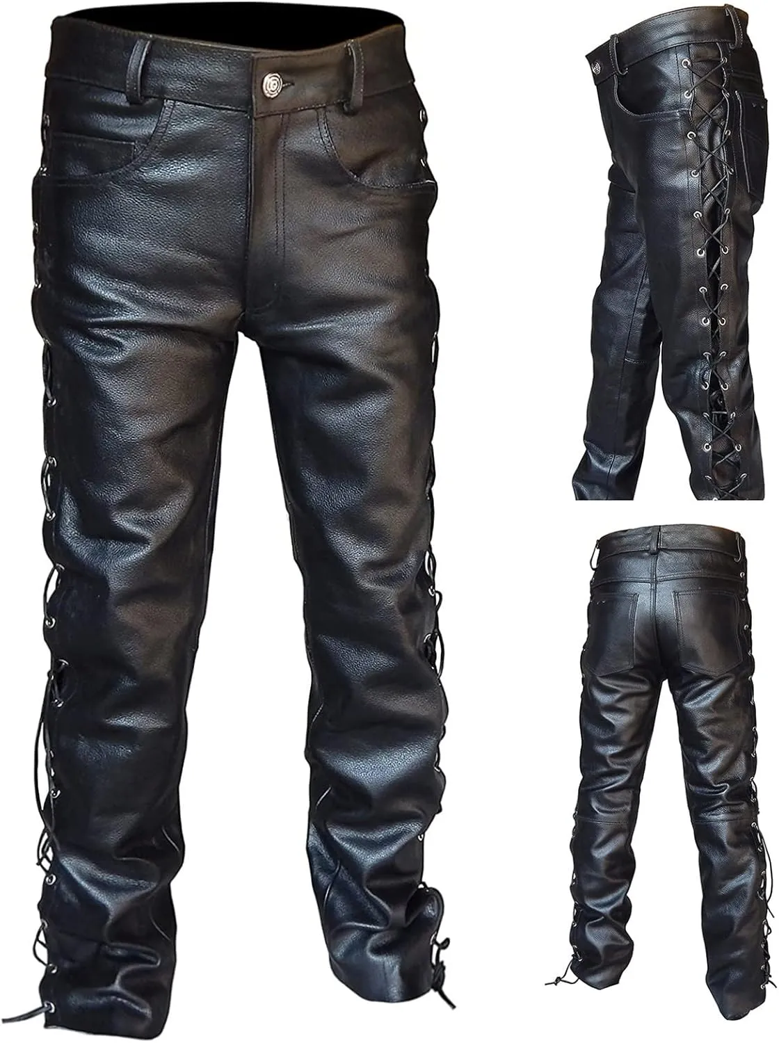 Pu Cargo Pants for Men Big and Tall Relaxed Fit Stretch Waist Leather Joggers Lightweight Plus Size Comfy Motorcycle Pants
