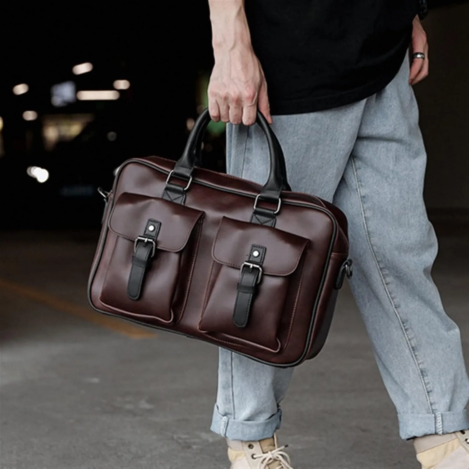 PU Leather Men's Briefcases 13inch Laptop Bag Office Bags for Men Document Business Shoulder Messenger Bag (Color : Coffee, Size : 37x10x25cm)