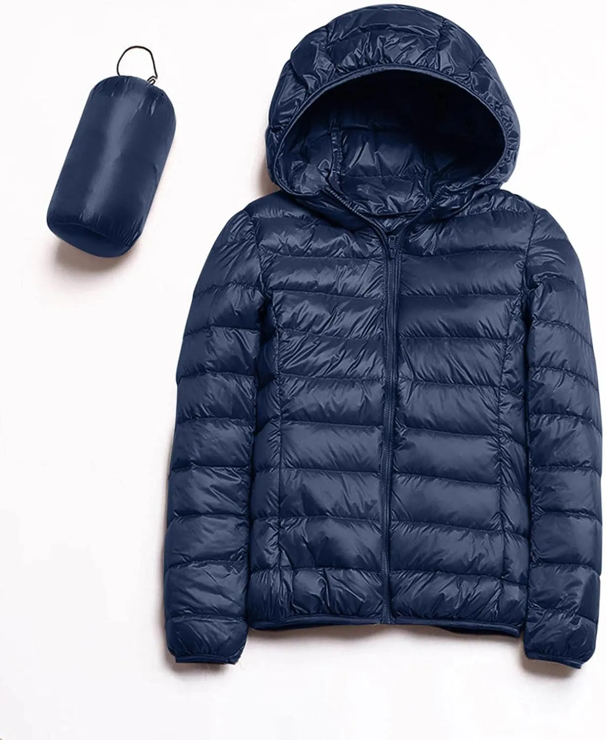 Puffer Jacket for Women Long Sleeve High Neck Full Zip Up Plain Hooded Down Coat With Pocket With Hood Stand-up Collar Dowm