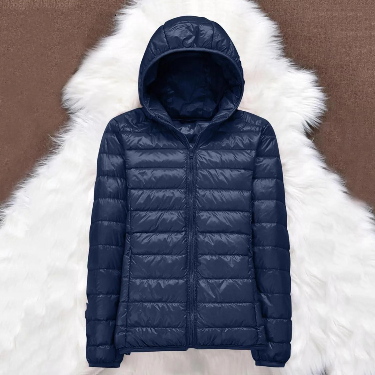 Puffer Jacket for Women Long Sleeve High Neck Full Zip Up Plain Hooded Down Coat With Pocket With Hood Stand-up Collar Dowm