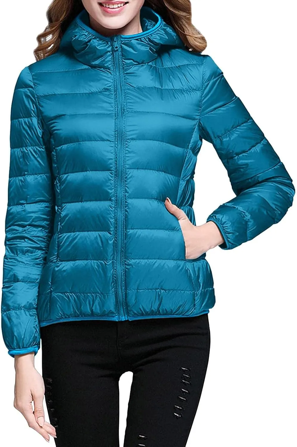 Puffer Jacket for Women Long Sleeve High Neck Full Zip Up Plain Hooded Down Coat With Pocket With Hood Stand-up Collar Dowm