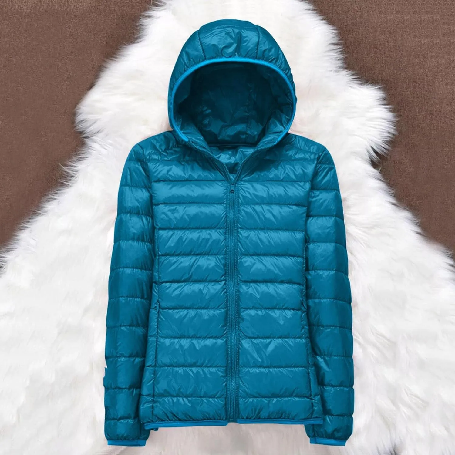 Puffer Jacket for Women Long Sleeve High Neck Full Zip Up Plain Hooded Down Coat With Pocket With Hood Stand-up Collar Dowm