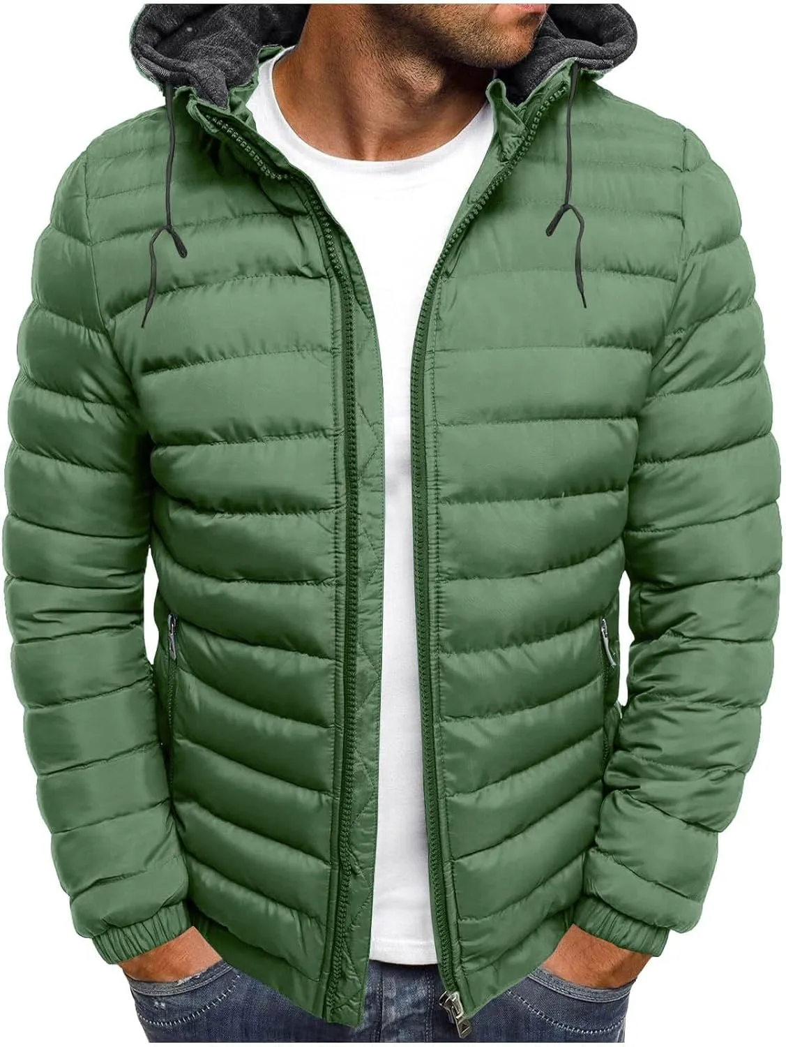 Puffer Jacket Men with Detachable Hood Packable Lightweight Down Jacket Zip up Quilted Jacket Warm Winter Jacket