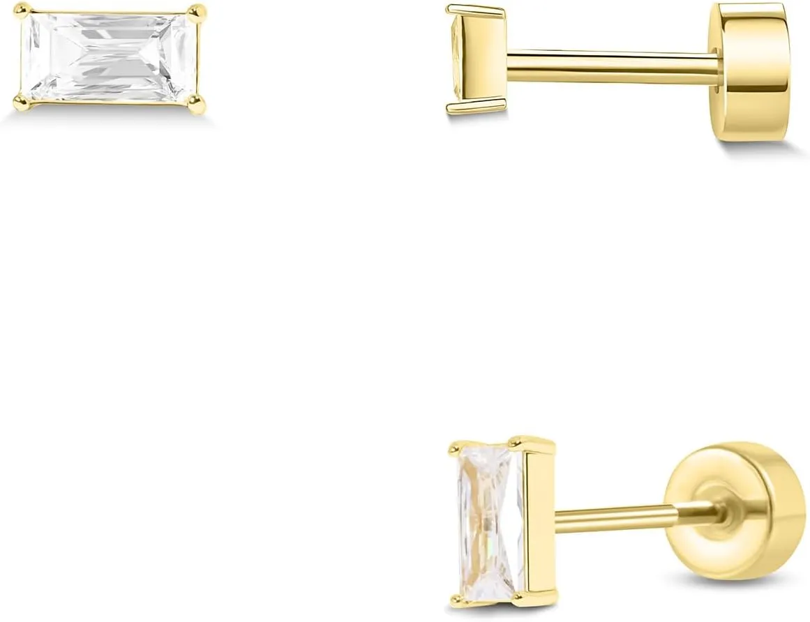 Push-in Flat Back Earrings, Hypoallergenic 14K Gold Plated Princess Cut Cubic Zirconia Stud Earrings Square CZ Studs | Cartilage Earring | Tragus Helix Piercing Jewelry | Threadless Push in Flatback Nap Earrings for Women Men