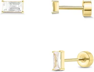 Push-in Flat Back Earrings, Hypoallergenic 14K Gold Plated Princess Cut Cubic Zirconia Stud Earrings Square CZ Studs | Cartilage Earring | Tragus Helix Piercing Jewelry | Threadless Push in Flatback Nap Earrings for Women Men